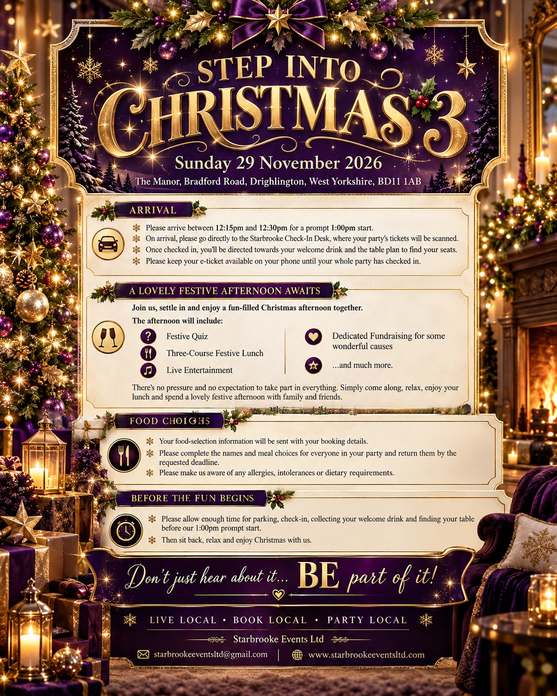 Step Into Christmas 3 at The Manor, Drighlington, Sunday 29 November 2026. Three-course festive lunch, live entertainment and festive quiz. Arrive 12:15–12:30 for a 1pm start.